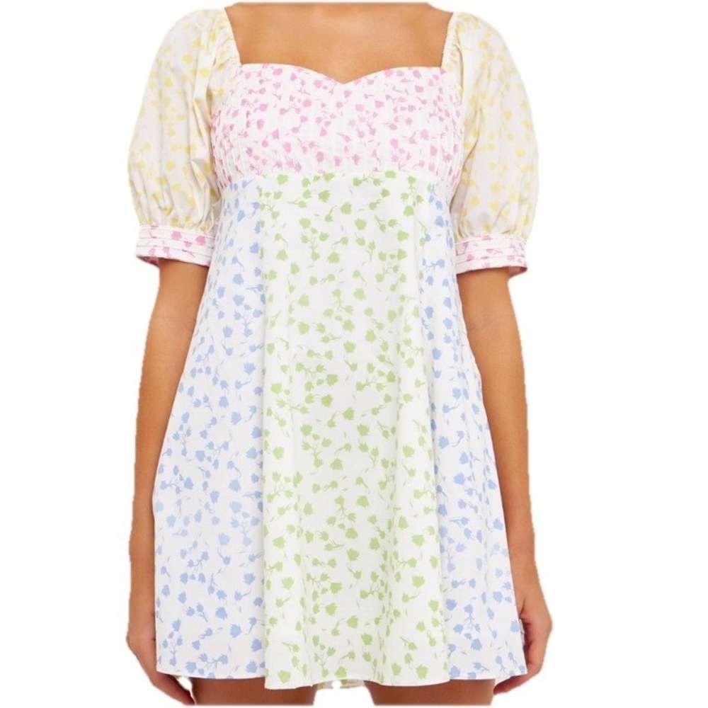 English Factory Cottage Babydoll Mini Dress M Pastels Ditsy Whimsical Puff Slv